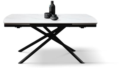 PAZZO DESIGN Tavolo Allungabile Geremia, Piano Ceramica Bianco Statuario, Gambe in Metallo Tubolari Nere, Cucina, Salotto, Ceramica, 140 x 90 x h75 cm - id_2209