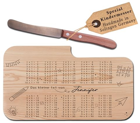 Personalisiertes Messerbrett mit Buckelsmesser für Kinder mit Name & Motiv zur Einschulung - Frühstücksbrettchen Holz, Schulanfang Mädchen Jungen, Schultüte Inhalt, Schulkind - EinmalEins Motiv
