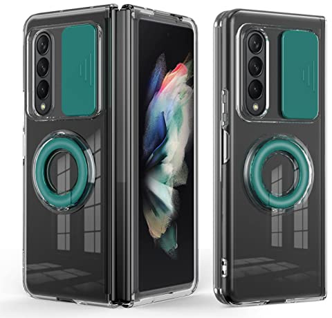 Case for Samsung Galaxy Z Fold 3/Z Fold 4, Clear Transparent Phone Case with Camera Lens Protector, Ring Holder Silicone Shockproof Cover,Z fold 3,Green