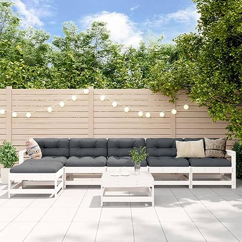 QJBSAVVA Gartenmöbel Set 7-TLG. aus massiver Kiefer 62 x 62 x 70 cm Weiß mit anthrazit Kissen Modernes Balkon Lounge Set platzsparend für kleinen Balkon Terrasse Garten