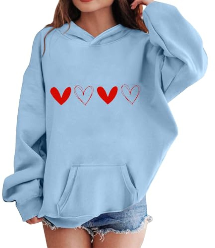 Mjjsk Flickor Hjärtan Grafisk Huvtröjor Mode Långärmad Pullover Tröjor Ledig Snygg Skola Huvtröja Preppy Söt Huvtröja Toppar, L-blå, 2-3 Years
