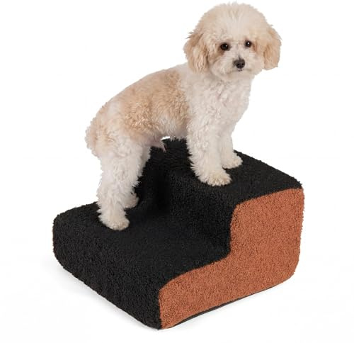 COSTWAY Small Dog Steps for Bed Sofa, 2 Step Pet Stairs with Non-Slip Bottom, Washable Cover & Gentle Slope, High Density Foam Dogs Ramp Ladder for Older Injured Cats Small Dogs (Black + Brown)