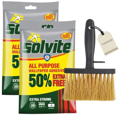 Tsekouri Wallpaper Hanging Kit: 2x Solvite All Purpose Wallpaper Adhesive 3 Roll + 50% Free and 5 Inch Wallpaper Brush, Complete Decorating Bundle