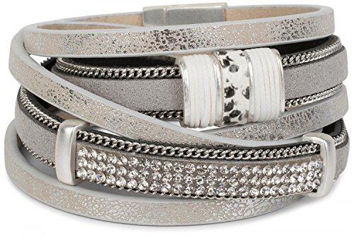 styleBREAKER Vintage Wickelarmband mit Strass, Gliederkette und Magnetverschluss, 3-Reihig, Armband, Damen 05040024, Farbe:Antik-Silber