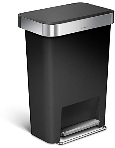 simplehuman CW1385CB 45L Rectangular Kitchen Pedal Bin with Liner Pocket, Silent Soft Close Lid, Strong Wide Steel Pedal, Stabiliser Bar, Internal Hinge, Black Plastic