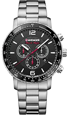 Wenger Herren Armbanduhr Roadster Black Night Ø 45mm, Swiss Made, Analog Quarz, Wasserdicht bis 100m, Edelstahl Armband, Schwarz/Silber, 01.1843.103