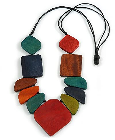 Avalaya Geometric Wood Bead Black Cotton Cord Necklace in Multi - 80cm Long - Adjustable