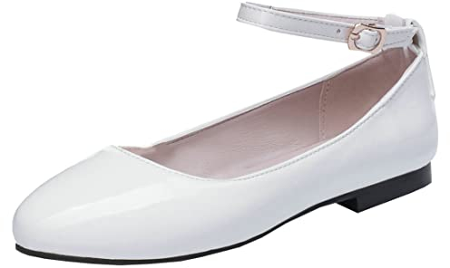 MISSUIT Damen Lack Pumps Riemchen Flach Ballerina Mary Jane Sommer Schuhe(Weiß,35)