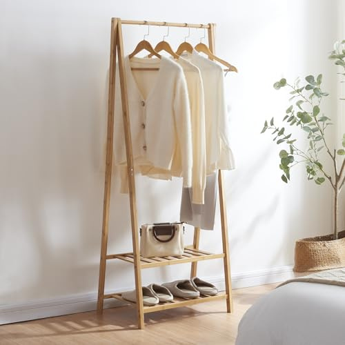 [en.casa] Öckerö Bambu kappstativ 150 x 60 x 40 cm med klädstång klädställ med 2 hyllor öppen garderobsjacka stativ