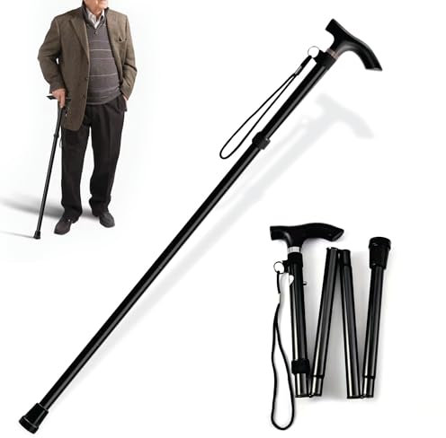 Walking Stick Folding Aluminium Cane Extendable Walking Cane Adjustable Mobility Aids Walking Stick For Seniors Disabled Ladies Women Men Outdoor Accessories Height 92cm Approx (Black)