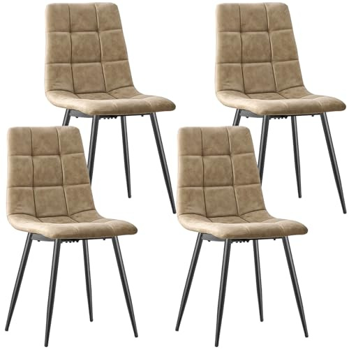 JIJIAN Esszimmerstühle 4er Set, Küchenstühle mit Techno Stoff, Sandfarben | Stühle Esszimmer mit Schwarzen Metallbeinen, Bis 120 kg Belastbar, Moderne Polsterstühle für Esszimmer Wohnzimmer Küche