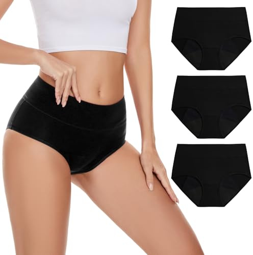 POKARLA Incontinence Pants Women High Absorbency Period Underwear Heavy Flow Leak Proof Urine Washable Leakproof Protective Briefs High Waist Cotton Menstrual Knickers 3 Pack Black Medium