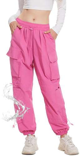 XKBHYD Pantaloni cargo da donna, per escursionismo, camminata, combattimento, casual, con coulisse elastica in vita, pantaloni da paracadute, rosa, M
