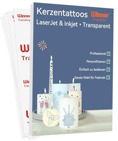 Winner Transfer vattenskjutfolie för ljus dop, A4 x 5-uppsättningar, ljusöverföringsfolie för laserskrivare/bläckstråleskrivare, ljusklistermärken, ljustatueringsfolie, ljusdekopapper (WT-12-5)