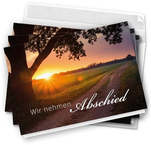 10 Trauerkarten mit Umschlag - Einladung zur Beerdigung oder Trauerfeier | zum Abschied | Hochwertige Klappkarten zur Todesanzeige - Motiv: Abendsonne