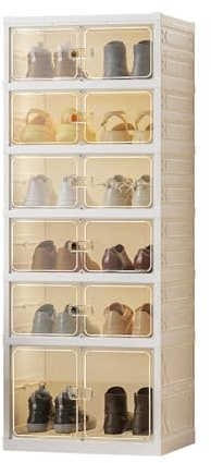Aptliton 6-Tier Foldable Shoe Rack Organizer, 12 Pairs Collapsible Shoe Storage Cabinet with Lids/Magnetic Clear Door for Closet, Stackable Tall Shelf Cabinet for Hallway, Living Room, Closet