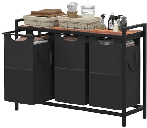 Heybly Wäschekorb mit 3 Fächern, 3×56.8L, Waschesammler mit Aufbewahrungsgestell, Waschebox mit abnehmbaren Oxford-Stoffbeuteln für Wäscherei, Badezimmer und Wohnheim, Nussbaum HLH003WB