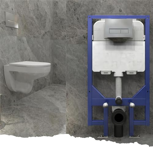 Biubiubath Modern Bathroom Round Rimless Wall Hung Toilet UF Slim Soft Close Seat with 1.14M Concealed Cistern Frame Set & Rectangular Sliver Dual Flush Plate