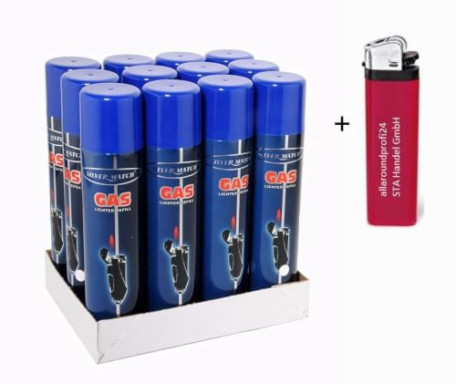 12x 300ml Universal -near zero impurities- Feuerzeuggas Nachfüllgas Feuerzeug (5,28 € / pro Liter) + 1 Feuerzeug Vani