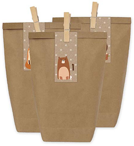 Papierdrachen Adventskalender zum Befüllen 2025-24 Geschenktüten und 24 Zahlenaufkleber und Klammern - Motiv Braune Waldtierchen - zum Befüllen und Basteln - Weihnachten - Mini Set Nr 34