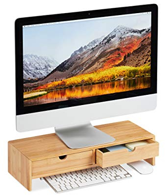 Relaxdays Monitorständer aus Bambus, PC Erhöhung mit 2 Schubladen, für Schreibtisch & Büro, HBT 11,5 x 47 x 18 cm, Natur