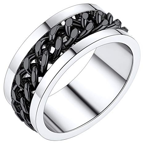 PROSTEEL Herren Spinner Ring Hip Hop Bandring Größe 52 Simpel Punk Stil zweifarbig Band Ring mit schwarzer Kette Inlay drehbarer Ring Modeschmuck Accessoire für Frauen Mädchen