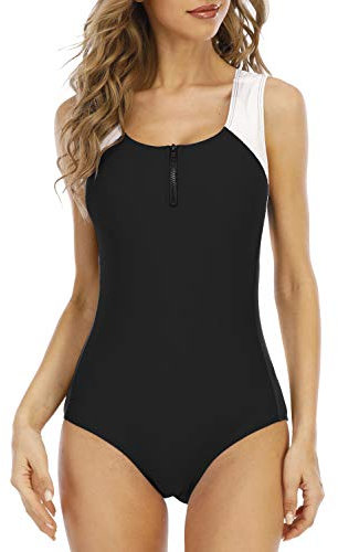 Halcurt Badeanzug Damen Sport mit Cups Einteiliger Badeanzüge Bauchweg U Ausschnitt Push Up Swimsuit L