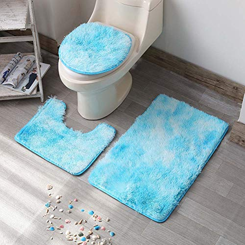 ETOPARS Juego de alfombras de baño de 3 piezas, suaves, absorbentes, antideslizantes, con contorno en forma de U y tapa de inodoro, lavable, color azul
