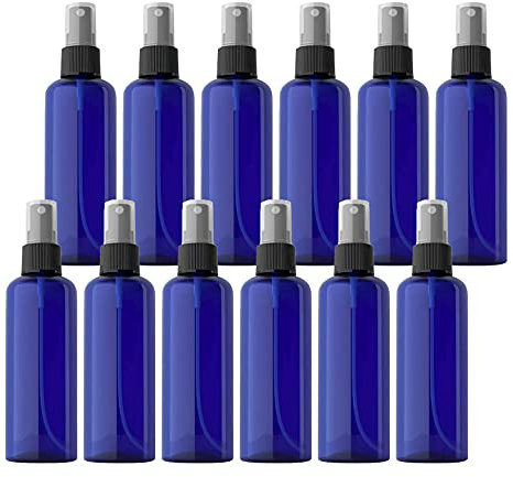 TIANZD 12 Pieces Empty 100 ml Blue PET Plastic Fine Mist Pump Spray Bottles with Black Top Portable Sprayer for Perfume Water Cosmetic Travel Containers Refillable, 2x Funnel