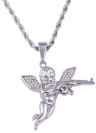 Gionatan Shop Collana con Pendente Angelo con Fucile AK-47 Moda Hip hop Punk ciondolo con Strass Brillanti Colore Argento Donna festa regalo