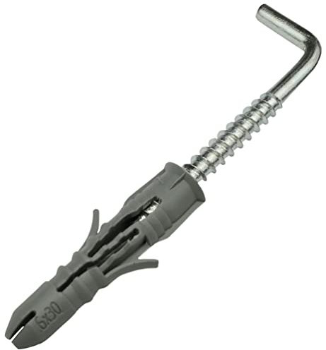 AERZETIX - C57633 - Set di 50 Tasselli universali Ø6x30mm in plastica + 50 ganci tipo L a sospensione per avvitare Ø4x38mm in acciaio - per legno calcestruzzo mattone pieno