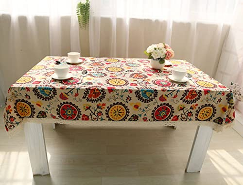 EHOMERY Tischdeckenklammern Groß Für Dicke Tischplatten Tischtuch Extra Lang Ethnische Sonnenblume Mit Spitze Draußen Hippie Gelb Rot Braun Tischschutz Dekoration 140X200Cm