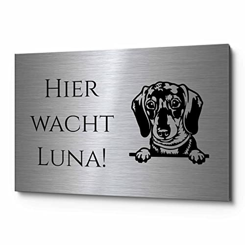 Vorsicht Hund Schild mit eigener Gravur - Warnung vor dem Hund Schilder - Achtung Hund Schild wetterfest - Hundeschilder Warnung Warnschild - Hundeschild personalisiert (Edelstahl)