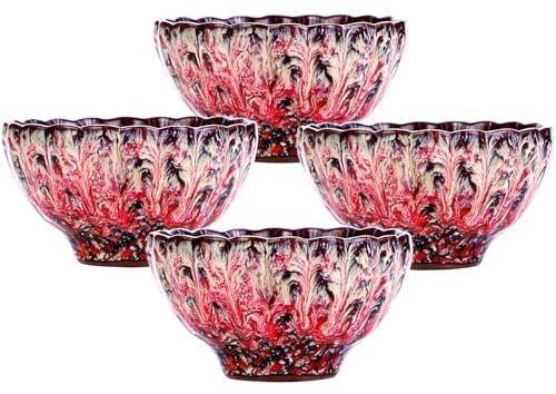 4 Pcs Handcrafted Chinese Tea Cups - Pink Glaze Jianzhan Tenmoku Tea Cup - 4 oz Petal Shaped Ceramic Cup with Silver Accessories Inlay, Ideal for Kungfu Tea Ceremony, Home Decor & Collection Gift