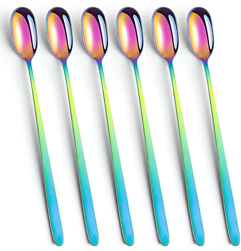 YFWOOD Latte Macchiato Löffel Set, 6-teilig, 23 cm Eiskaffee Löffel, Spülmaschinenfest (Regenbogen)