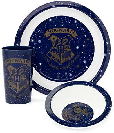 Harry Potter Kids Dinnerware Set | Blue 3 Piece Tableware for Boys and Girls | PP Dinner Plate, Bowl and Tumbler Cup | Hogwarts School Logo Novelty Set | Movie Merchandise Gift for Children