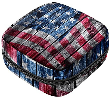 Die USA-Flagge auf Holzunterlage, Aufbewahrungstasche für Damenbinden, Menstruationspad, tragbare Menstruationstassen-Tasche mit Reißverschluss für Teenager, Mädchen, Frauen, Damen