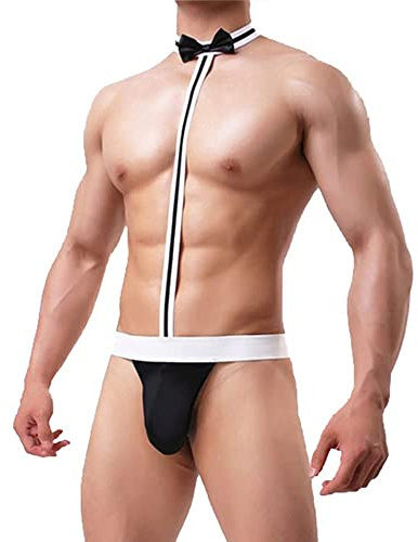 ROSVAJFY Men's Sexy Bow Tie Bodysuit Thong Waiter Cosplay Costume, Mankini Beach Swimwear Suspender Thong Elastic G-String, Butler Borat Underwear for Halloween Funny Party (Black)