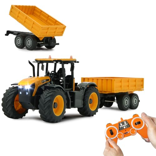 JAMARA JCB Fastrac trattore con rimorchio ribaltabile 1:24 2,4 GHz – 2 ruote motrici, pneumatici profilati, luce LED, agricoltura