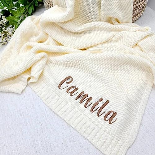 Reeg Gestickter Name Baby Decke Baby Bad Kinderwagen Decke Neugeborenes Baby Geschenk Personalisierte Weiche Atmungsaktive Baumwolle Gestrickte Decke (Ivory,Embroidered Name)
