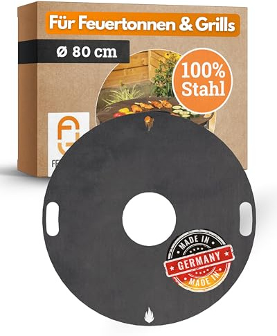 Feuerfest 123 Grillplatte rund I Ø 80cm I Feuerplatte aus Feinkorn-Stahl I Massive Plancha-Platte mit 4mm Stärke I Grillaufsatz für Feuerschale, Feuertonne, BBQ-Grilltonne & Kugelgrill