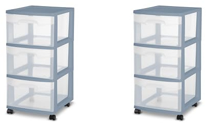 Sterilite 3 Drawer Storage Cart, Plastic Rolling Cart with Wheels Organize Clothes in Bedroom Closet, Easy Assembly, Blue with Clear Drawers, 2-Pack