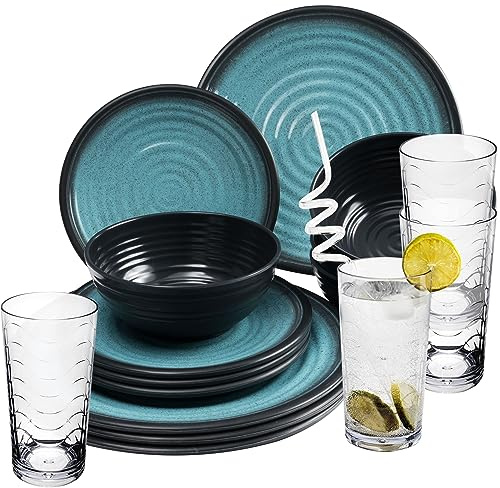 Service de table en mélamine pour 4 personnes - Bleu et noir - 16 pièces - Avec verres transparents de 260 ml - Vaisselle de camping - Verres à eau - Verres à whisky - Vaisselle de camping -