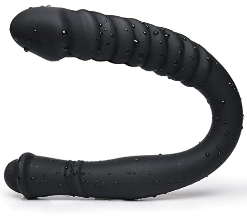Double Ended Dildo 16.53 inch Dong Ribbed Butt Plug with Glans for Anal Vagina Stimulation Double Side Cock Penis Prostate Massager Sex Toy for Lesbian Men Women, Black, TJIJP