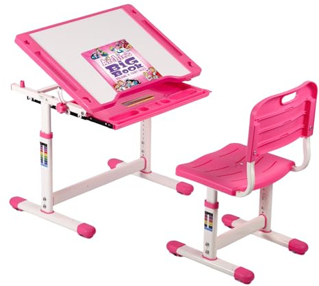 PayLessHere Kids Desk and Chair Set,Height Adjustable Study Desk for Kids with Pull Out Drawer Storage,Multi-Function Study Desk and Chair for Writing, Reading and Drawing (Pink)