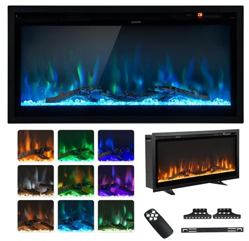 RELAX4LIFE Camino Elettrico e Termocamino Elettrico 750W/1500W, Temperatura 18-28ºC e Timer 1-8 ore con Telecomando, Fiamma Realistica in 9 Colori e 5 Luminosità, 91,5 x 14 x 45 cm