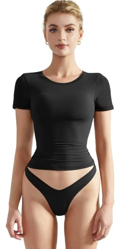 SUUKSESS Women Double Lined Fitted Basic Tee Shirts Crew Neck Short Sleeve Y2K Going Out Crop Tops (Jet Black, S)
