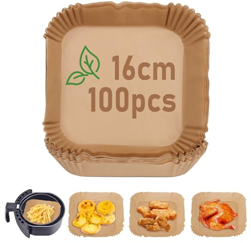 JOPHEK Backpapier Air Fryer, 100 Stück, 16 cm, Backpapier, Lebensmittelqualität, BPA-frei, Zubehör für Fritteuse, ohne Öl, 3 – 4,5 l