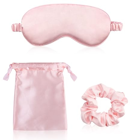 Seiden Schlafmaske Set, Schlafbrille Damen Bequem Maulbeerseide Augenmaske Satin Nacht Augenbinde zum Schlafen Lichtdichte Nachtmaske Augen Schlafschutz für Pause Reise (Rosa)