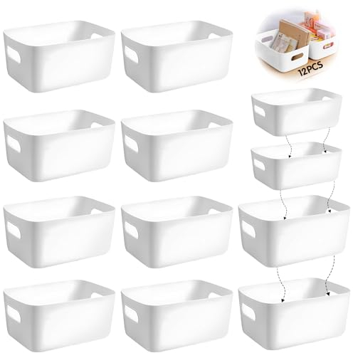 EUZLABBY 12Pcs Cestas Almacenaje Plástico,Cajas Almacenaje 2 talla(24,5x17,5x10cm)+(20x14x7cm),Cajas Organizadoras con Asas,Cajones Almacenaje para Cocina,Escritorio,Oficina,Cosmético,Baño,Juguetes.
